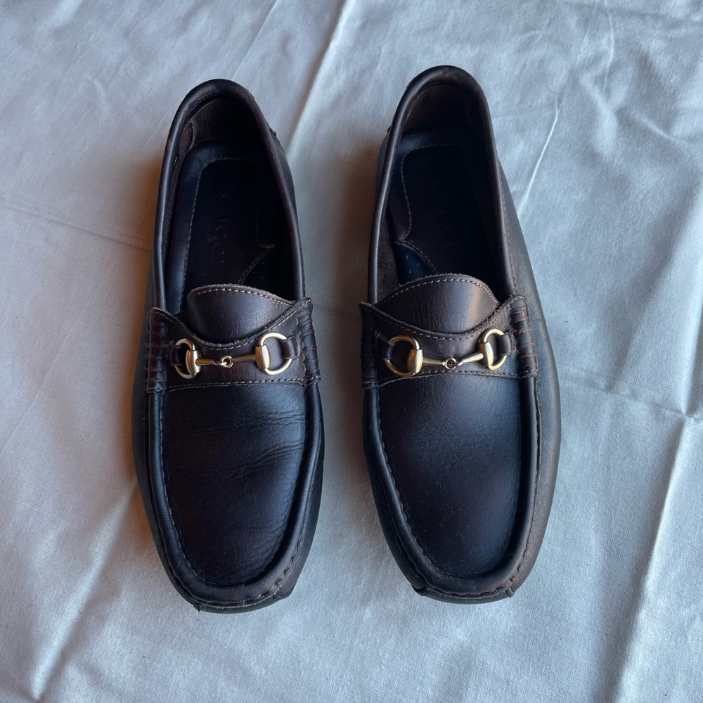 Gucci Slip-on Brown Leather Horsebit Driving Loafer Size 7M EUC